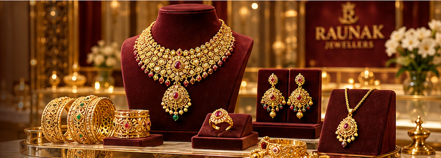Traditional gold jewellery displayed in a jewellery showroom